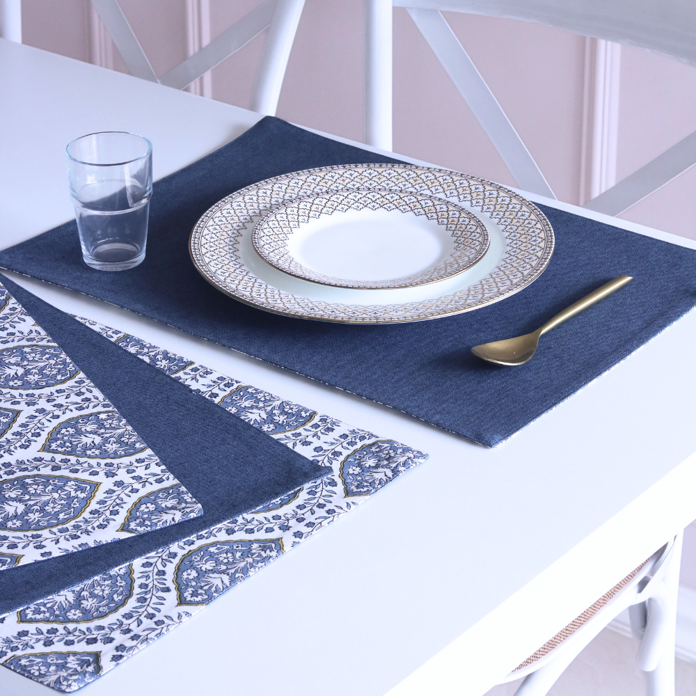Set of 4 Morning Dew & Woven Aegean Blue Placemats by The Yard House, rectangular (12" x 17"), featuring geometric pattern...