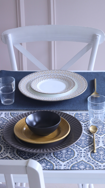 Morning Dew & Woven Aegean Blue Placemats by The Yard House, set of 4, 12" x 17", featuring geometric patterns in blue grey.