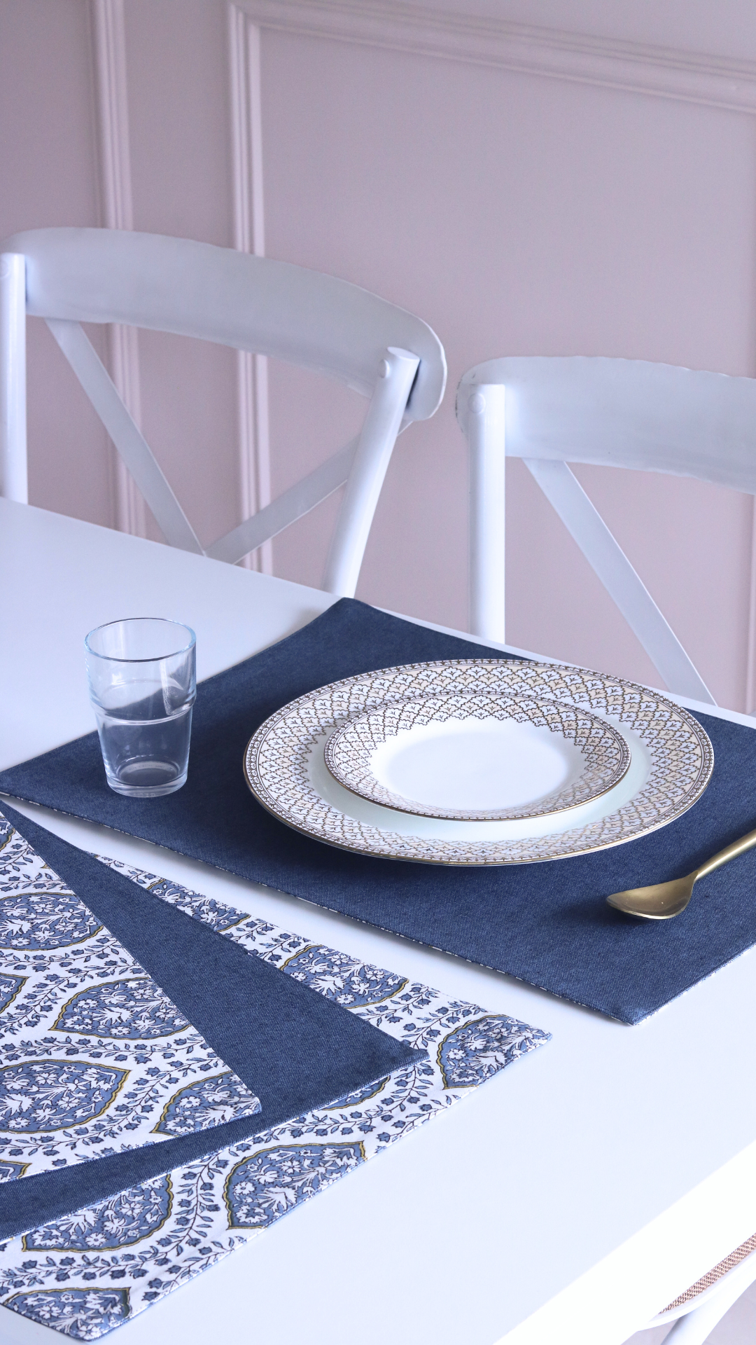 Morning Dew & Woven Aegean Blue Placemats by The Yard House, set of 4, 12" x 17", featuring geometric patterns in blue grey.