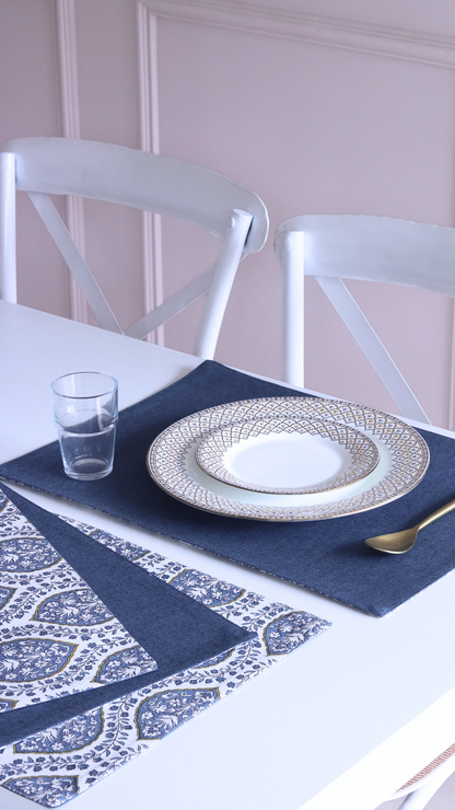 Morning Dew & Woven Aegean Blue Placemats by The Yard House, set of 4, 12" x 17", featuring geometric patterns in blue grey.