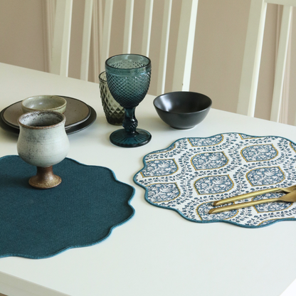 Morning Dew & Woven Aegean Blue Placemats by The Yard House, set of 4, 12" x 17", featuring geometric patterns in blue grey.