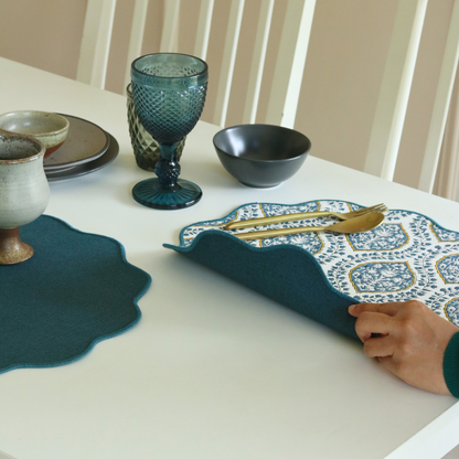 Morning Dew & Woven Aegean Blue Placemats by The Yard House, set of 4, 12" x 17", featuring geometric patterns in blue grey.