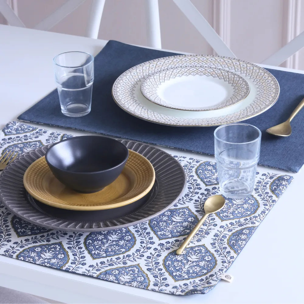 Set of 4 Morning Dew & Woven Aegean Blue Placemats by The Yard House, featuring geometric patterns in blue grey, 12” x 17”...