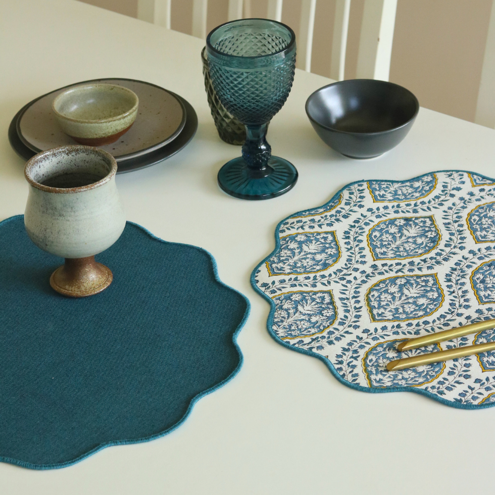 Morning Dew & Woven Aegean Blue Placemats by The Yard House, set of 4, 12" x 17", featuring geometric patterns in blue grey.