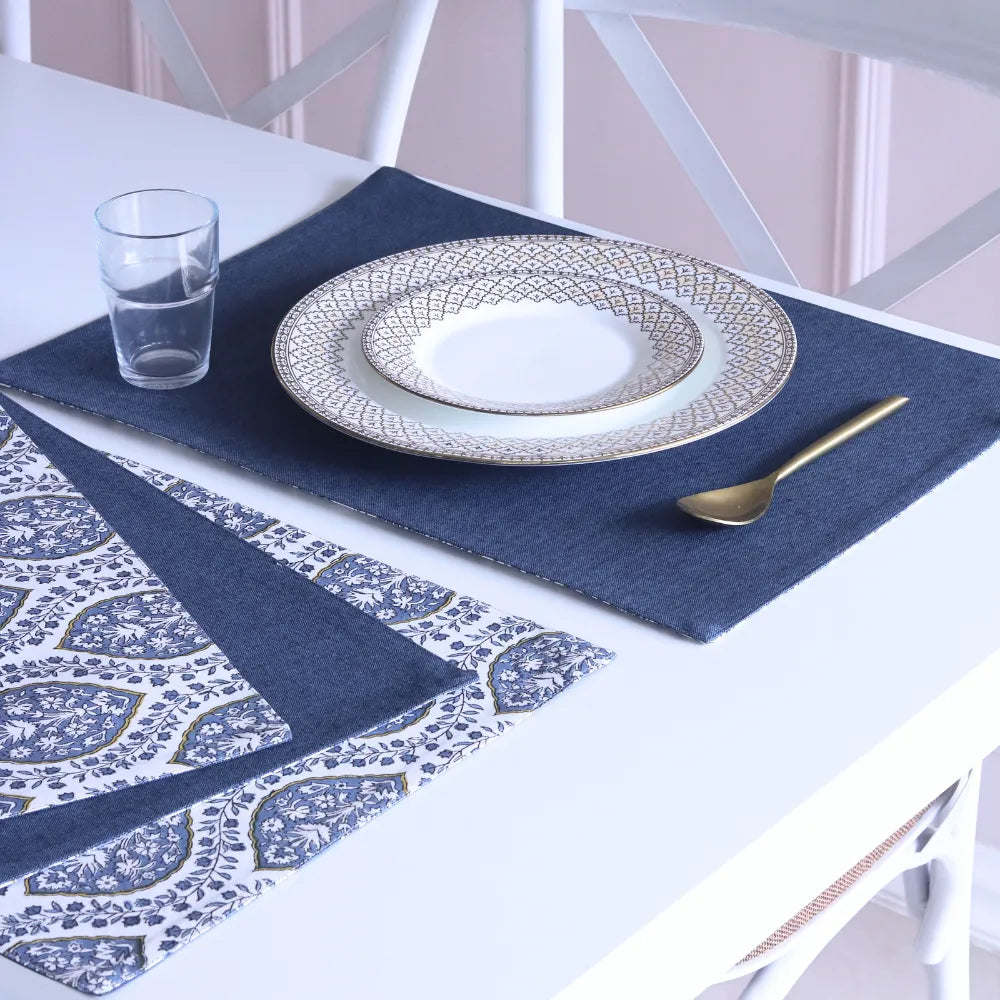 Set of 4 Morning Dew & Woven Aegean Blue Placemats by The Yard House, featuring geometric patterns in blue grey, 12” x 17”...