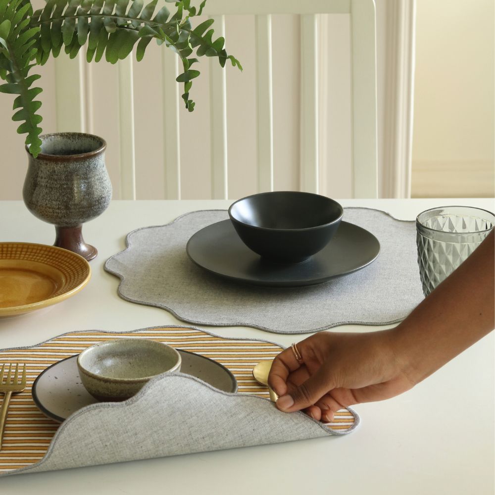 Ochre Mirage & Grey Chambray Placemats by The Yard House, set of 4, rectangular (12" x 17"), featuring floral designs and ...