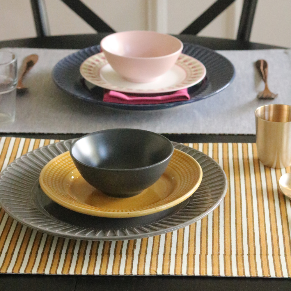 Ochre Mirage & Grey Chambray Placemats by The Yard House, set of 4, rectangular (12" x 17"), featuring floral designs and ...