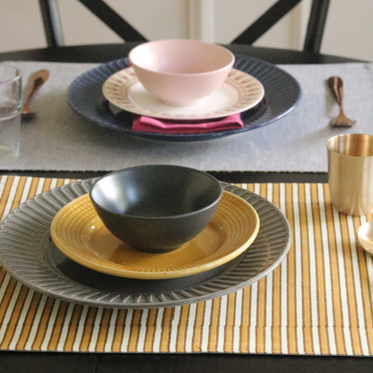 Ochre Mirage & Grey Chambray Placemats by The Yard House, set of 4, rectangular (12" x 17"), featuring floral designs and ...