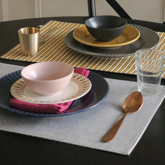 Ochre Mirage & Grey Chambray Placemats by The Yard House, set of 4, rectangular (12" x 17"), featuring floral designs and ...