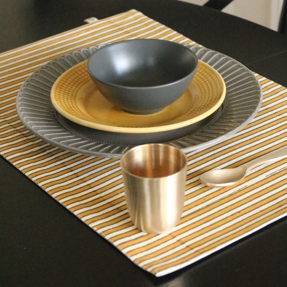 Ochre Mirage & Grey Chambray Placemats by The Yard House, set of 4, rectangular (12" x 17"), featuring floral designs and ...