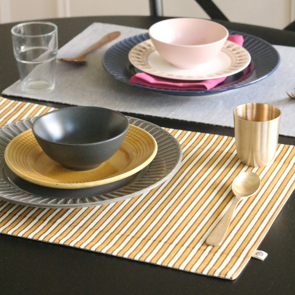 Ochre Mirage & Grey Chambray Placemats by The Yard House, set of 4, rectangular 12" x 17", featuring floral designs and sc...