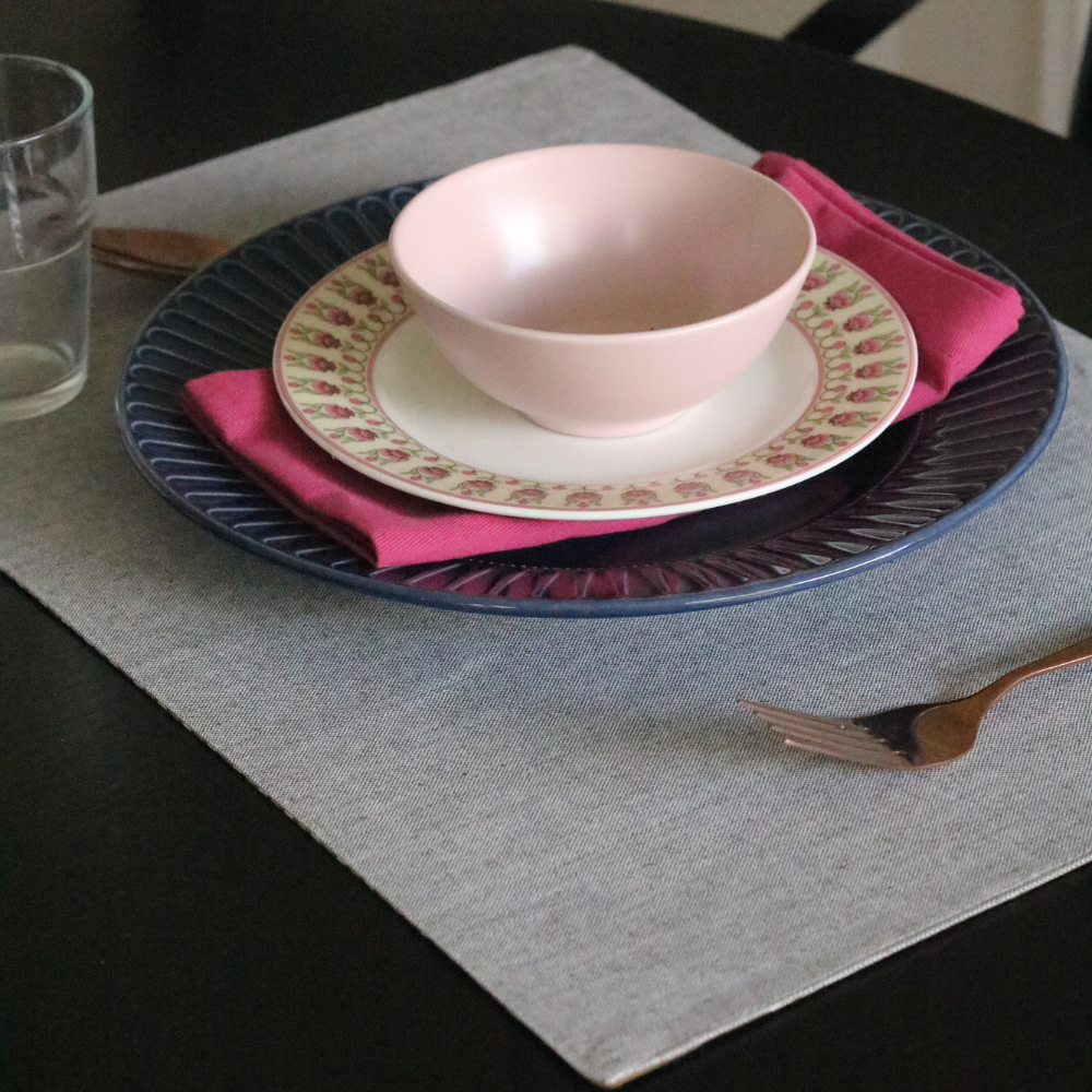 Ochre Mirage & Grey Chambray Placemats by The Yard House, set of 4, rectangular (12" x 17"), featuring floral designs and ...