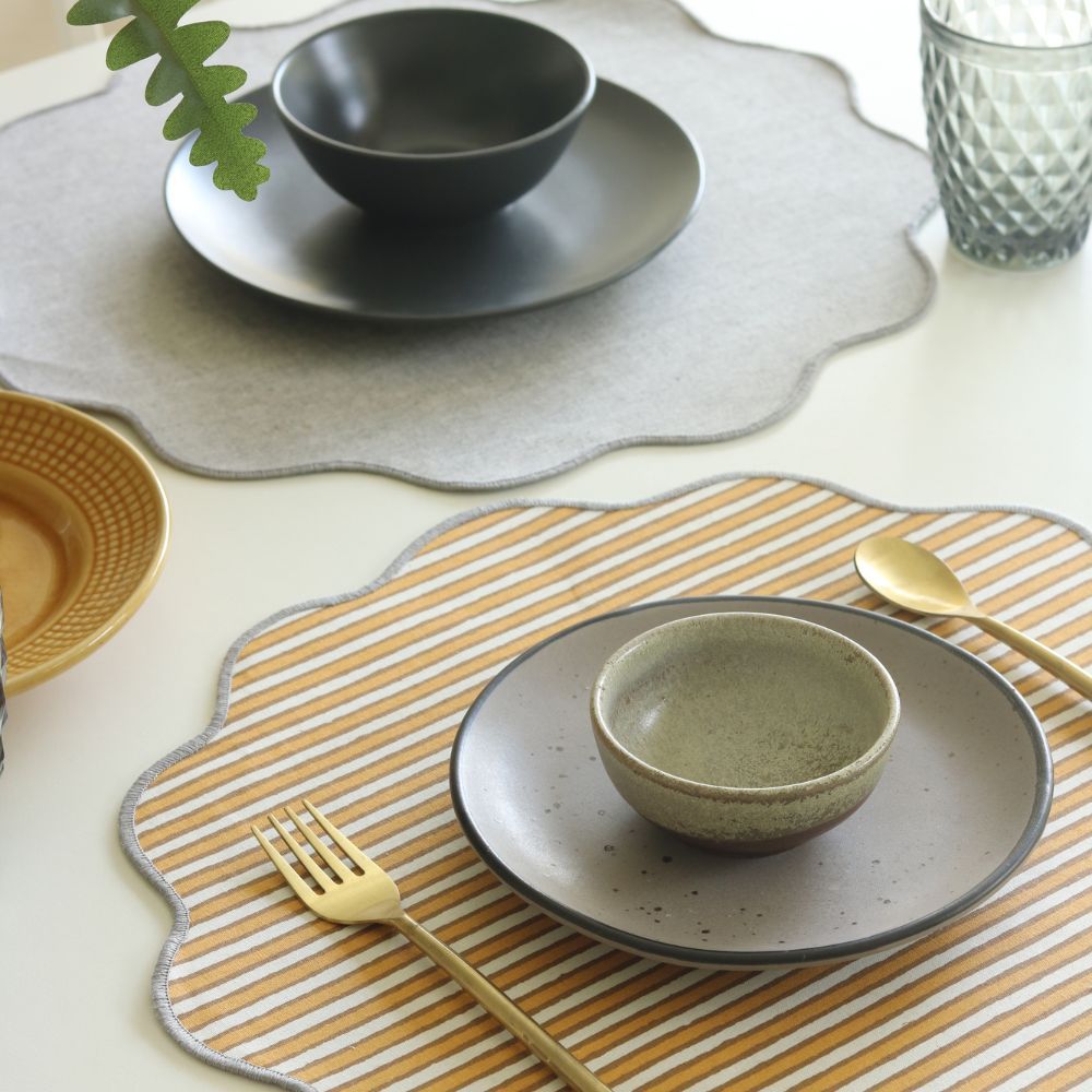 Ochre Mirage & Grey Chambray Placemats by The Yard House, set of 4, rectangular (12" x 17"), featuring floral designs and ...