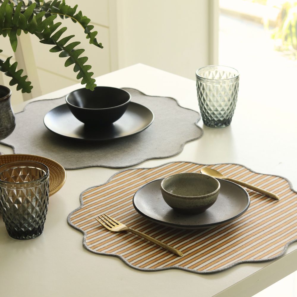 Ochre Mirage & Grey Chambray Placemats by The Yard House, set of 4, rectangular (12" x 17"), featuring floral designs and ...