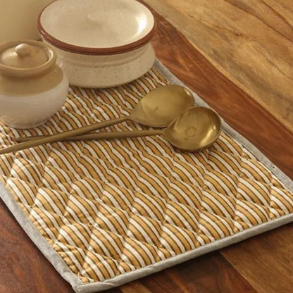 Ochre Mirage Tablepad by The Yard House, square 15"x15", featuring floral designs in ochre and grey, perfect for stylish d...
