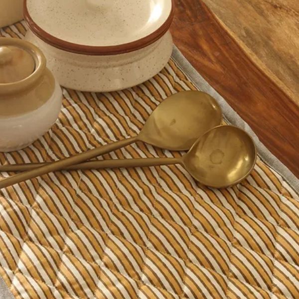 Ochre Mirage Tablepad by The Yard House, square 15"x15", featuring floral designs in ochre and grey, perfect for stylish d...