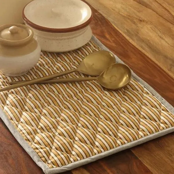 Ochre Mirage Tablepad by The Yard House in ochre and grey, featuring a floral design, available in square (15"x15") and re...