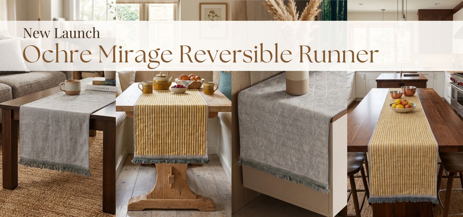 A three-panel promotional image for an ochre beige reversible runner tablecloth. The top text reads 'New Launch Ochre Mirage Reversible Runner.