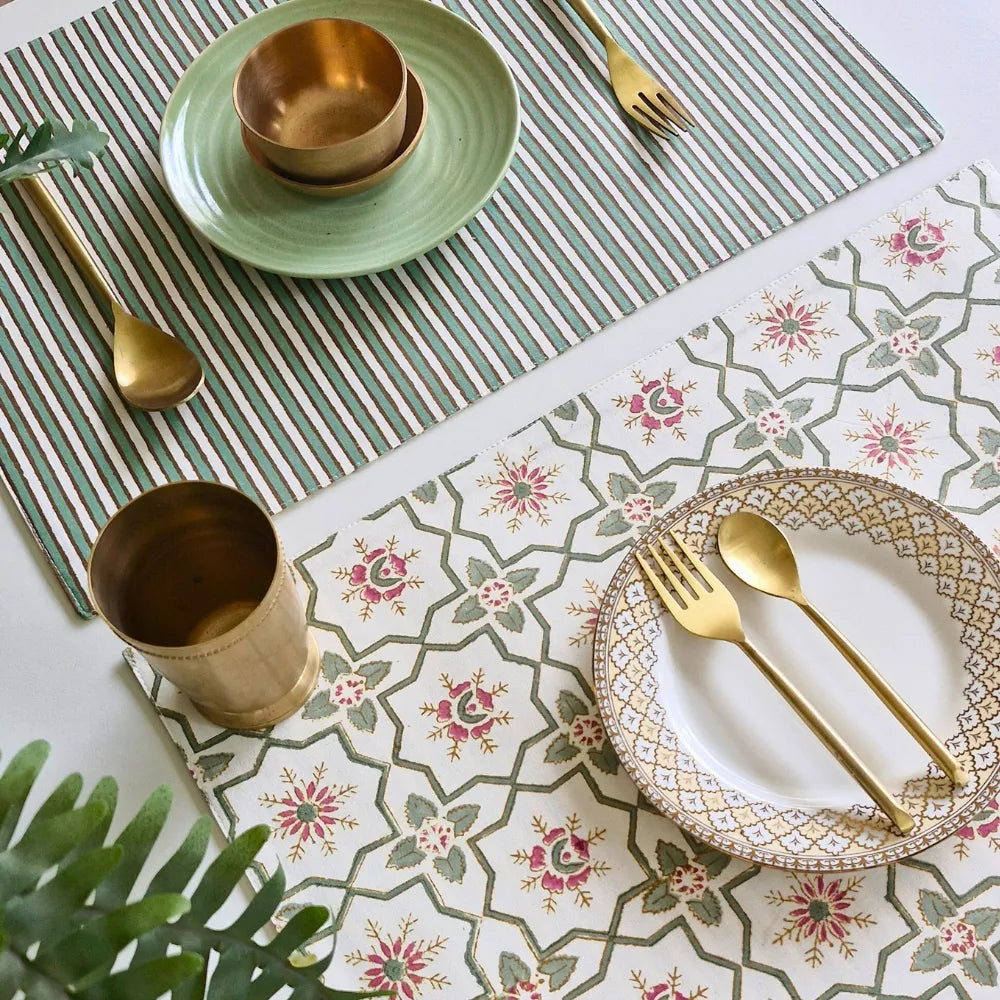 Set of 4 Persian Garden Placemats by The Yard House in pink and green, featuring geometric patterns and traditional Indian...