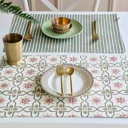 Set of 4 Persian Garden Placemats by The Yard House in pink and green, featuring geometric patterns and traditional Indian...