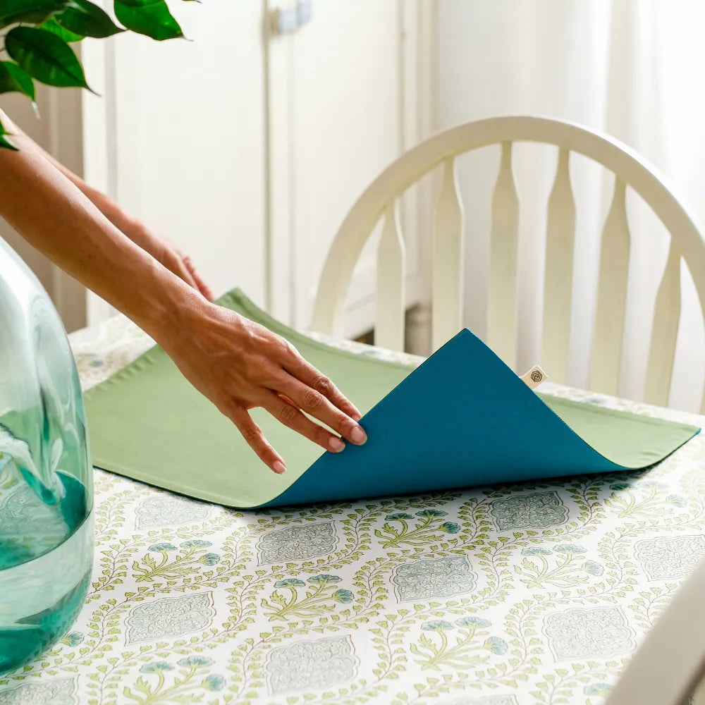 Riverside Tablecloth by The Yard House in Blue Green, 4 Seater Rectangle (48"x72"), featuring geometric patterns and neutr...