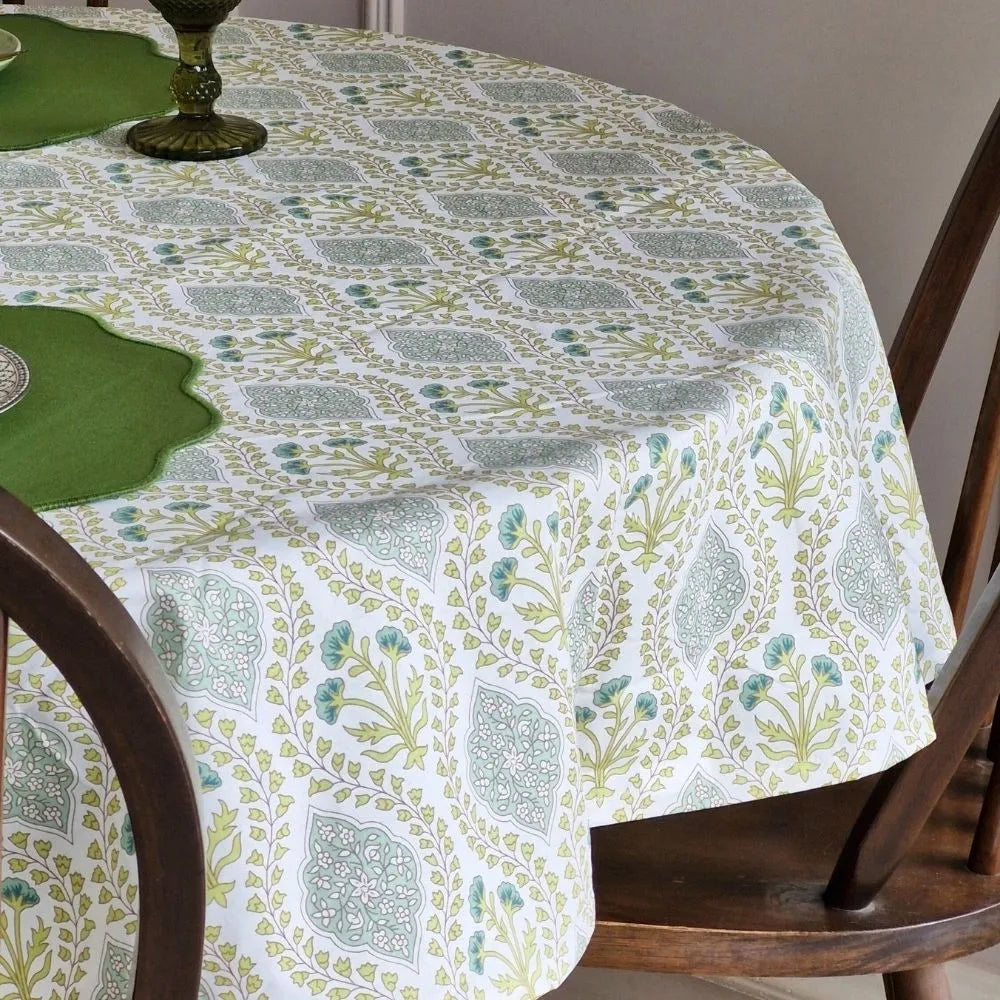 Riverside Tablecloth by The Yard House in Blue Green, 4 Seater Rectangle (48"x72"), featuring geometric patterns and neutr...