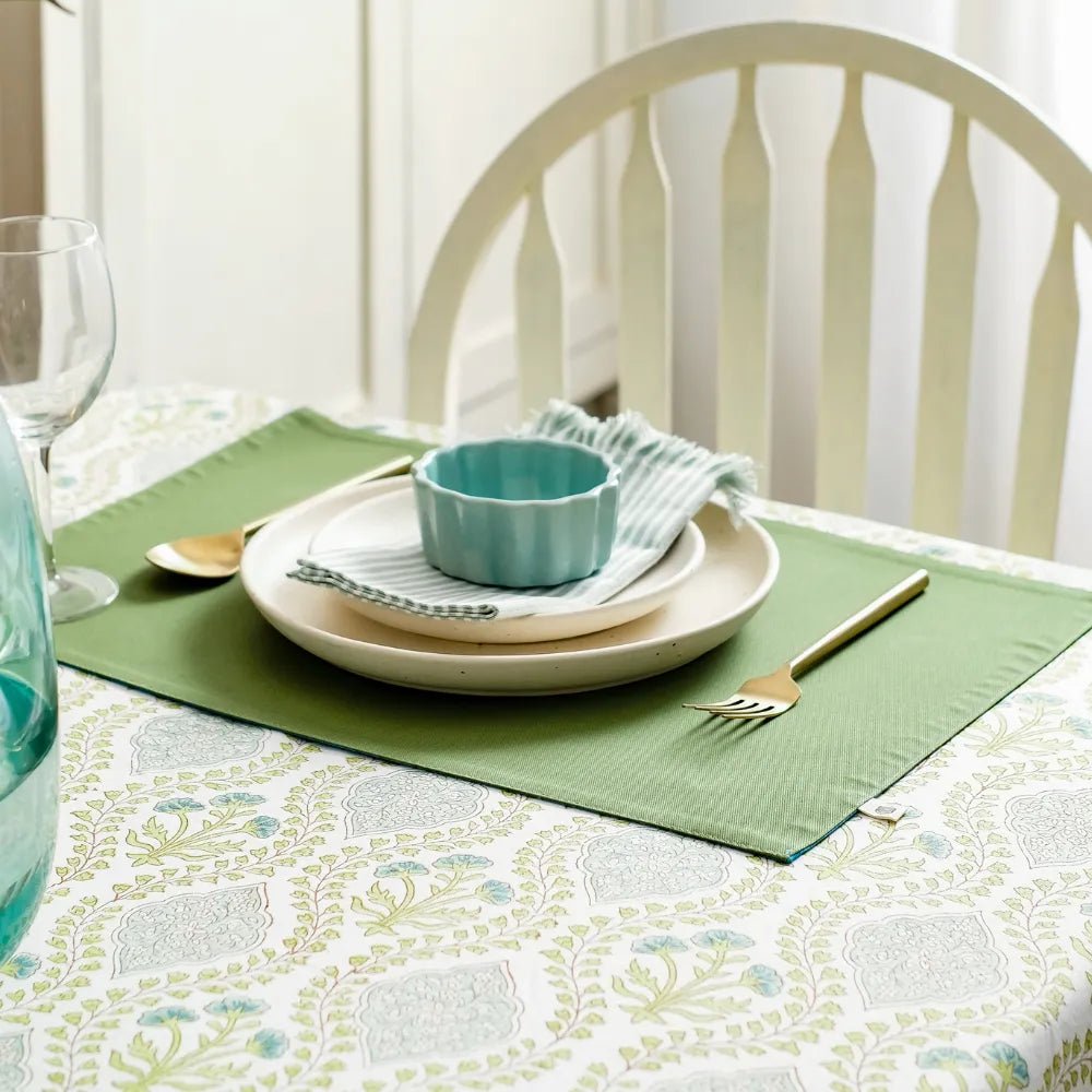 Riverside Tablecloth by The Yard House in Blue Green, 4 Seater Rectangle (48"x72"), featuring geometric patterns and neutr...