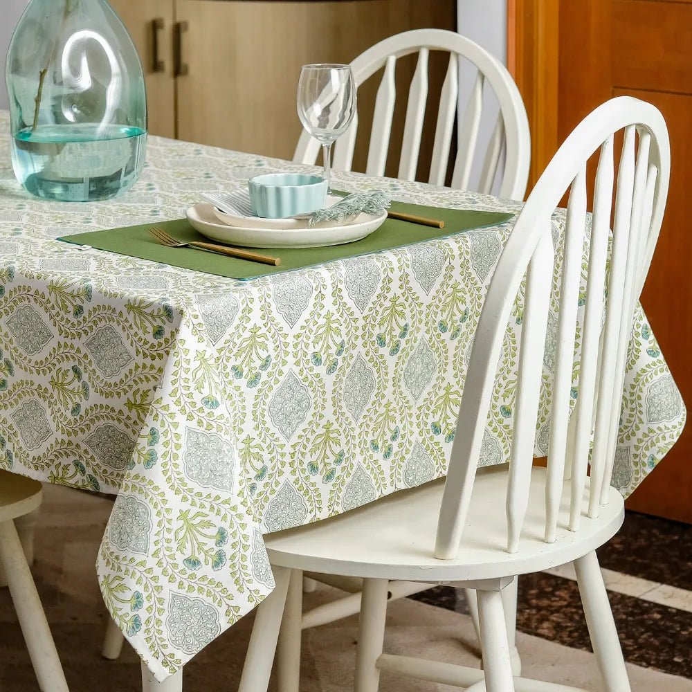 Riverside Tablecloth by The Yard House in Blue Green, 4 Seater Rectangle (48"x72"), featuring geometric patterns and neutr...