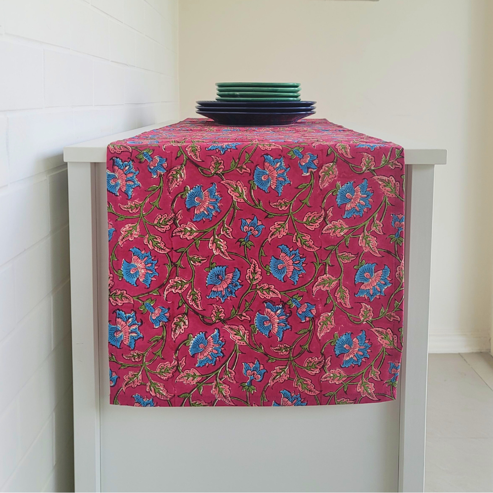 Royal Fuschia Runner by The Yard House, a vibrant floral table runner in bold fuschia, available in sizes for 4, 6, and 8 ...