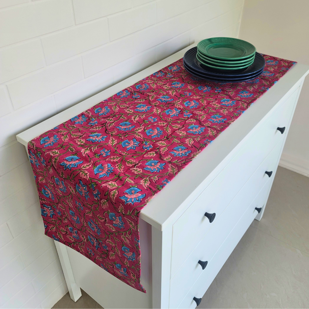 Royal Fuschia Runner by The Yard House, a vibrant floral table runner in bold fuschia, available in sizes for 4, 6, and 8 ...
