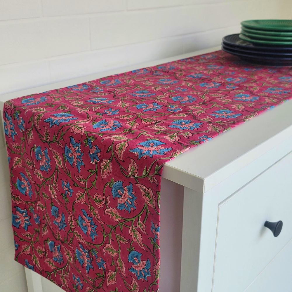 Royal Fuschia Runner by The Yard House, a vibrant floral table runner in bold fuschia, available in sizes for 4, 6, and 8 ...