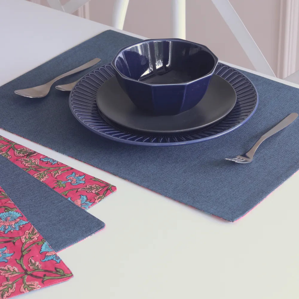 Royal Fuschia & Woven Aegean Blue Placemats by The Yard House, set of 4 rectangular (12" x 17"), featuring bold floral des...