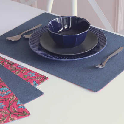 Royal Fuschia & Woven Aegean Blue Placemats by The Yard House, set of 4 rectangular (12" x 17"), featuring bold floral des...