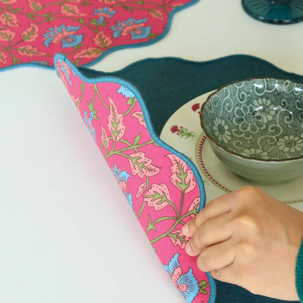 Royal Fuschia & Woven Aegean Blue Placemats by The Yard House, set of 4 rectangular (12" x 17"), featuring bold floral des...