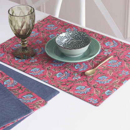 Royal Fuschia & Woven Aegean Blue Placemats by The Yard House, set of 4 rectangular (12" x 17"), featuring bold floral des...