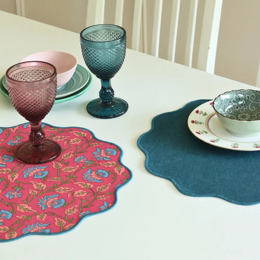 Royal Fuschia & Woven Aegean Blue Placemats by The Yard House, set of 4 rectangular (12" x 17"), featuring bold floral des...