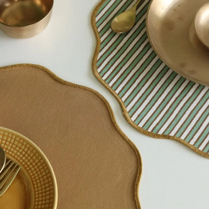 Sage Mirage & Tan Placemats by The Yard House, set of 4 rectangular (12" x 17"), wipeable scalloped design in green and tan.