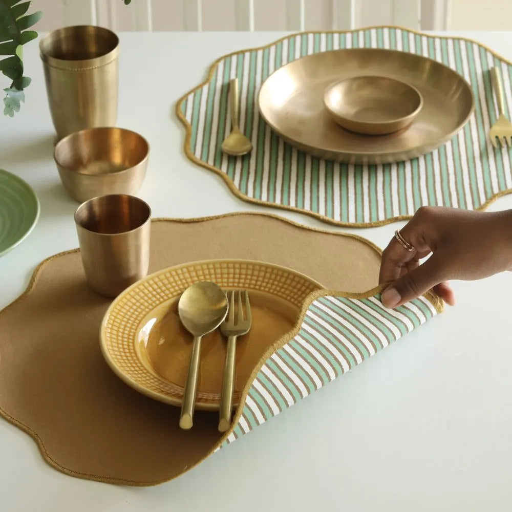 Sage Mirage & Tan Placemats by The Yard House, set of 4 rectangular (12" x 17"), wipeable scalloped design in green and tan.