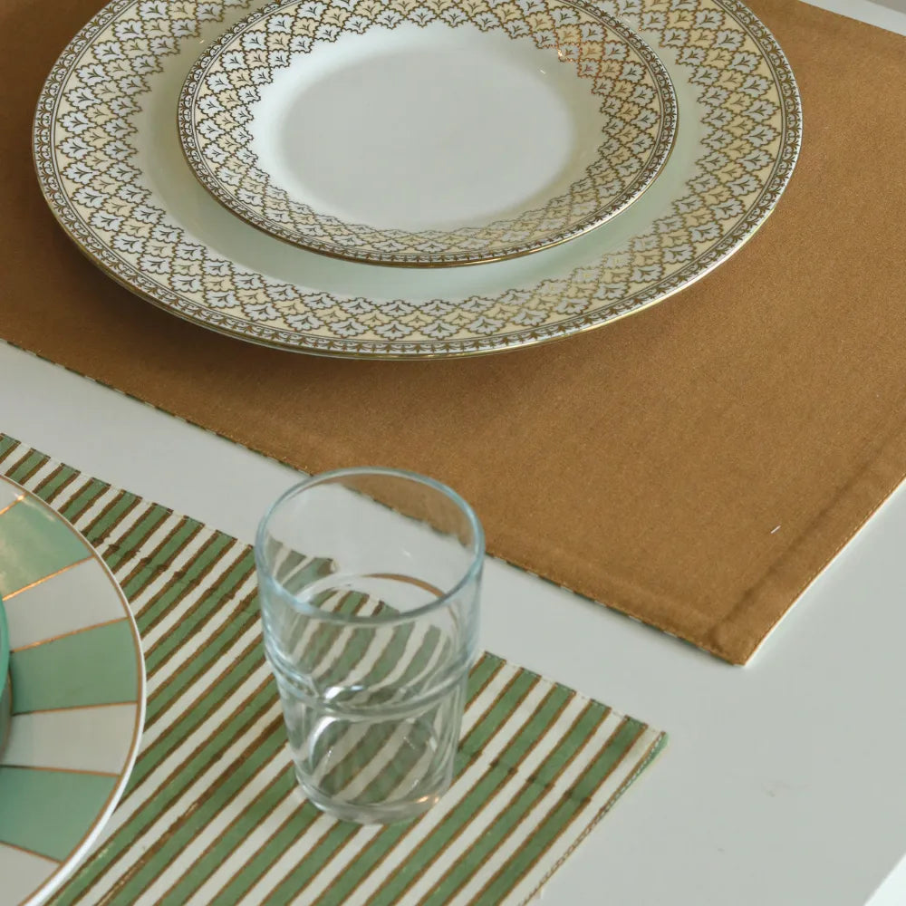 Sage Mirage & Tan Placemats by The Yard House, set of 4 rectangular (12" x 17"), wipeable scalloped design in green and tan.