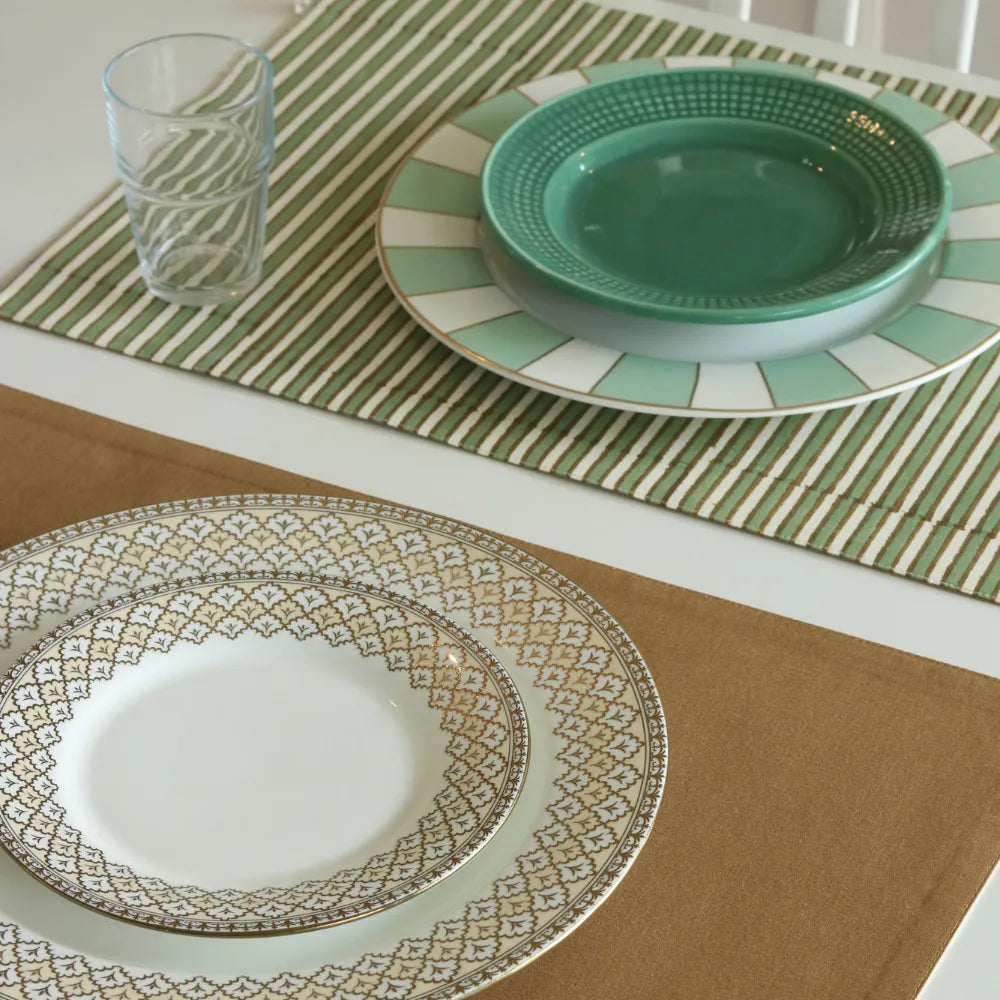 Sage Mirage & Tan Placemats by The Yard House, set of 4 rectangular (12" x 17"), wipeable scalloped design in green and tan.