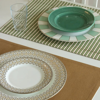 Sage Mirage & Tan Placemats by The Yard House, set of 4 rectangular (12" x 17"), wipeable scalloped design in green and tan.