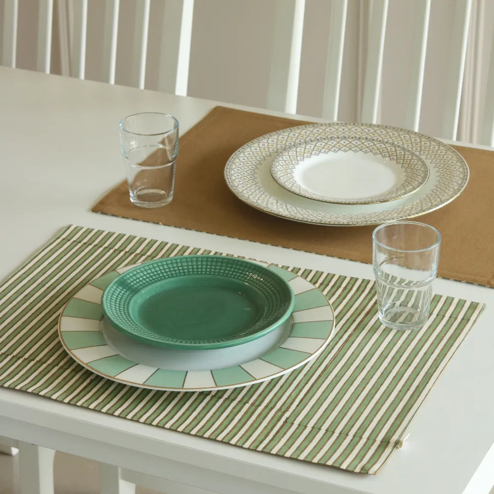 Sage Mirage & Tan Placemats by The Yard House, set of 4 rectangular (12" x 17"), wipeable scalloped design in green and tan.