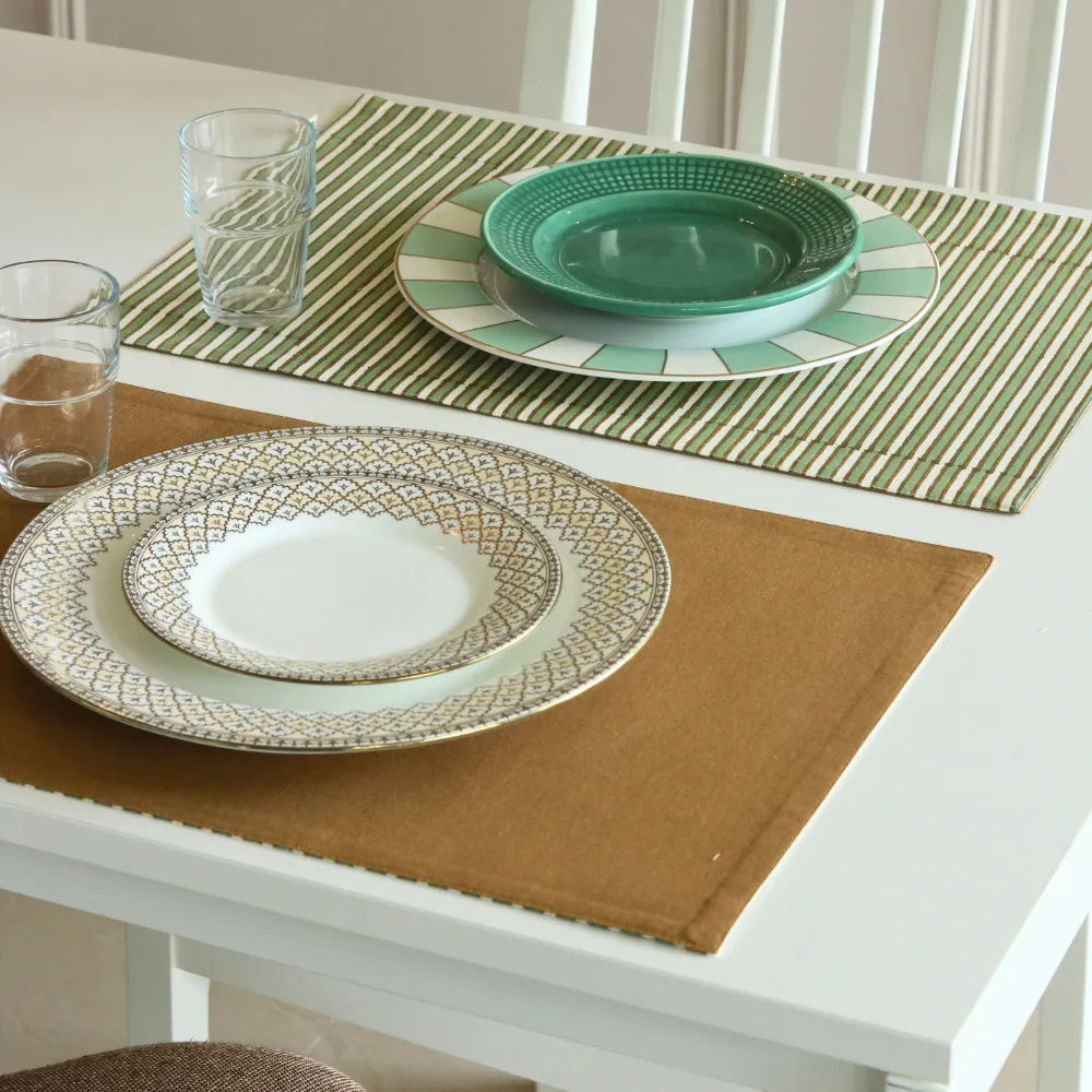 Sage Mirage & Tan Placemats by The Yard House, set of 4 rectangular (12" x 17"), wipeable scalloped design in green and tan.