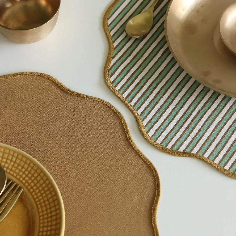 Sage Mirage & Tan Placemats by The Yard House, set of 4 rectangular (12" x 17"), wipeable scalloped design in green and tan.