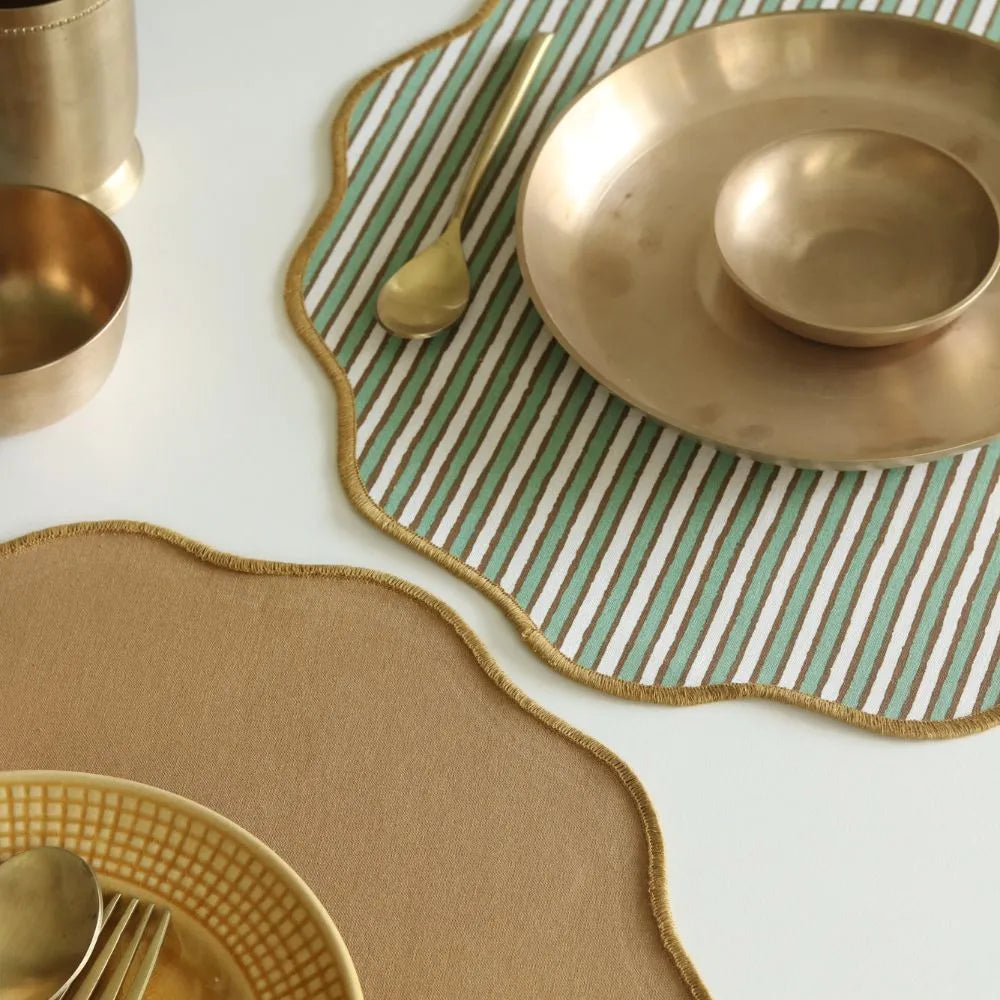 Sage Mirage & Tan Placemats by The Yard House, set of 4 rectangular (12" x 17"), wipeable scalloped design in green and tan.