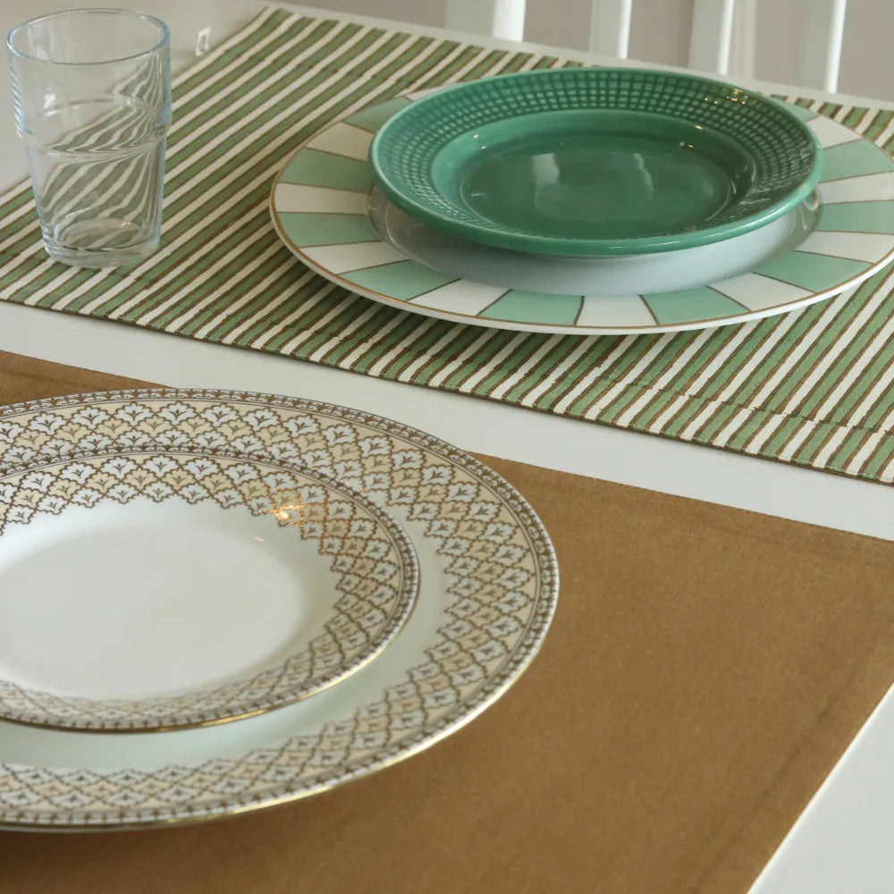 Sage Mirage & Tan Placemats by The Yard House, set of 4 rectangular (12" x 17"), wipeable scalloped design in green and tan.