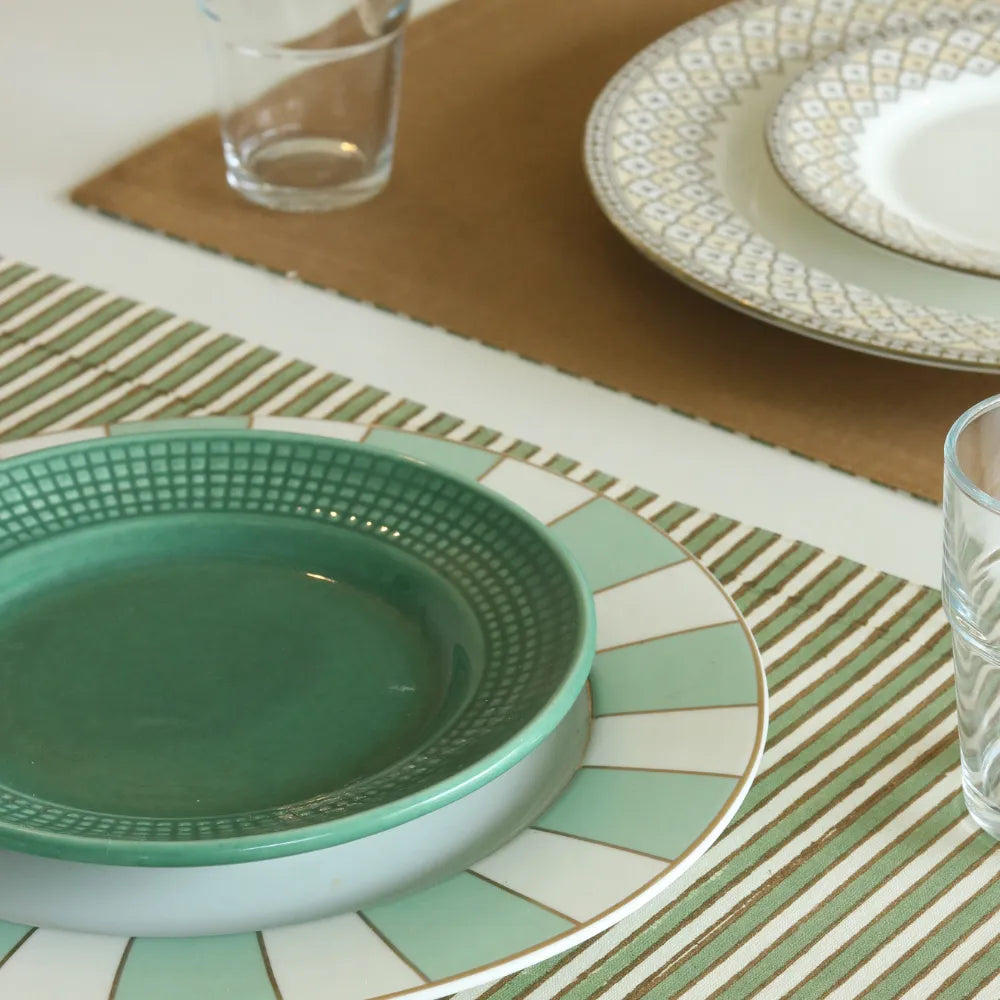 Sage Mirage & Tan Placemats by The Yard House, set of 4 rectangular (12" x 17"), wipeable scalloped design in green and tan.