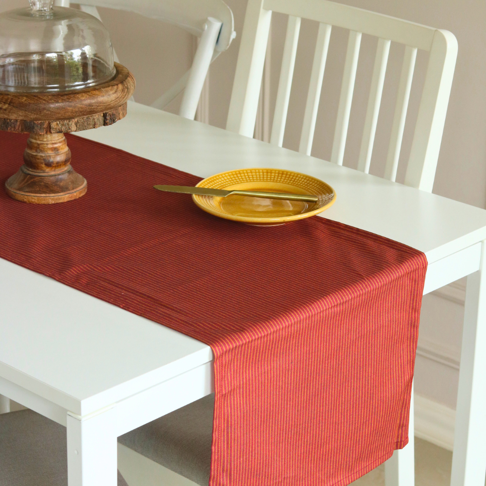 Serene Sunset Runner by The Yard House in bold red, 60”x14”, featuring geometric patterns, perfect for minimalist decor.