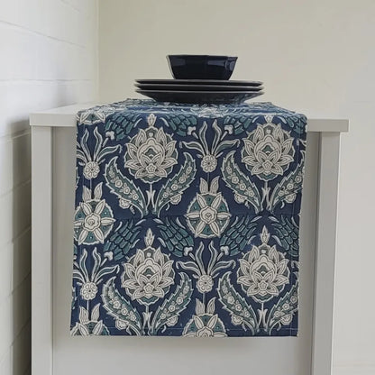 Stormy Skies Runner by The Yard House in bold cobalt blue, available in 4, 6, or 8 seater sizes with abstract nature-inspi...