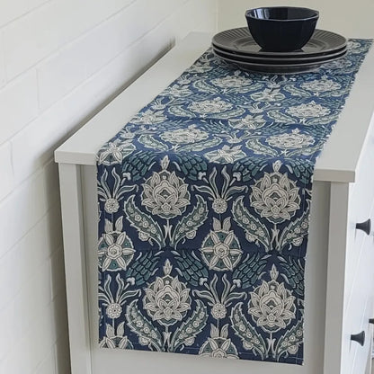Stormy Skies Runner by The Yard House in bold cobalt blue, available in 4, 6, or 8 seater sizes with abstract nature-inspi...